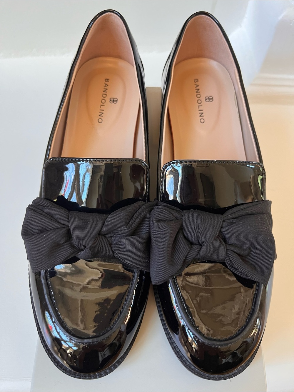 Bandolino Black Patent Loafers with Bow Trim